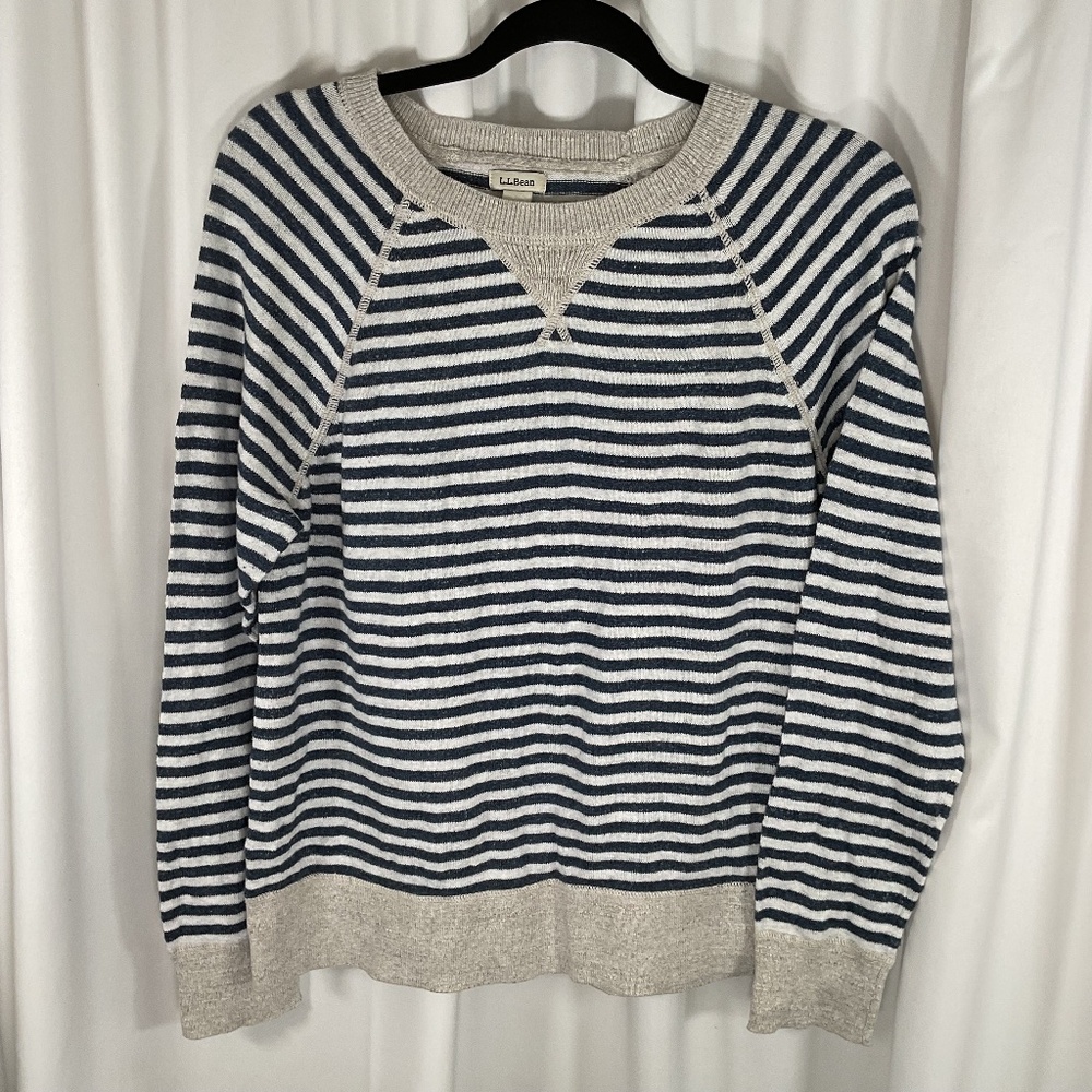 LL Bean Organic Cotton Slub Sweater Crewneck Striped Navy White Gray Women’s L